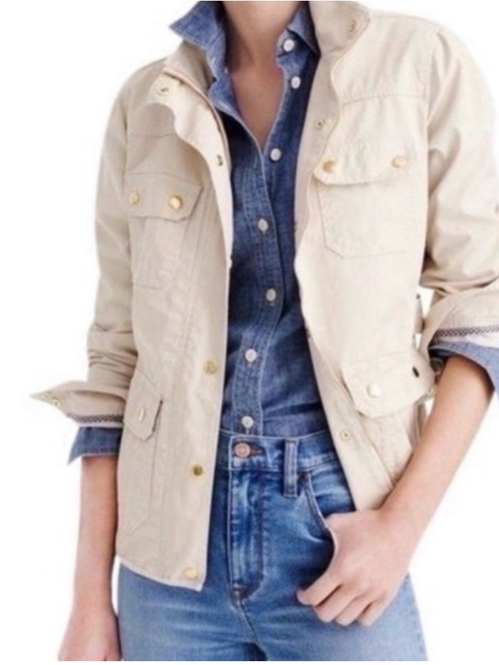 J CREW XS Downtown khaki Field zip snap button 100% cotton utility jacket